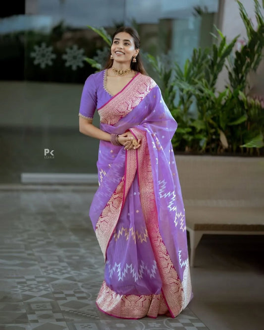 Designer Lavender Cotton Silk Saree With Stylish Blouse Piece