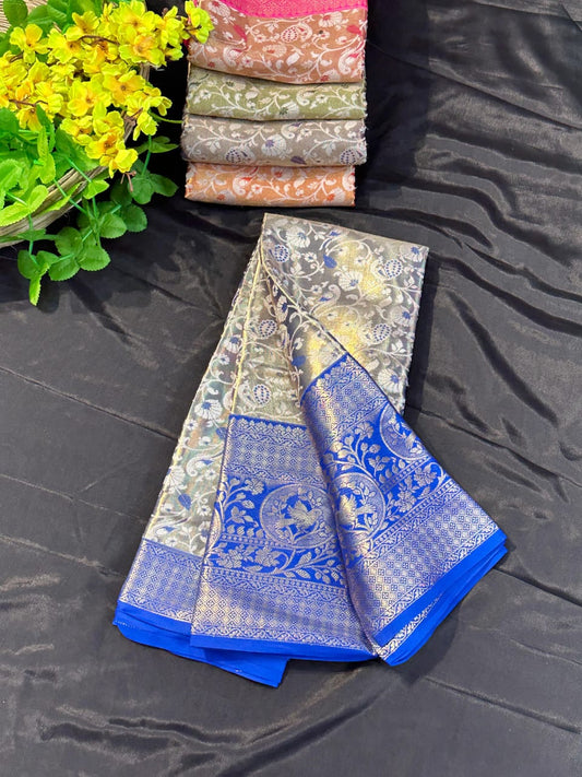 Tempting Blue Kanjivaram Silk Saree With Snappy Blouse Piece