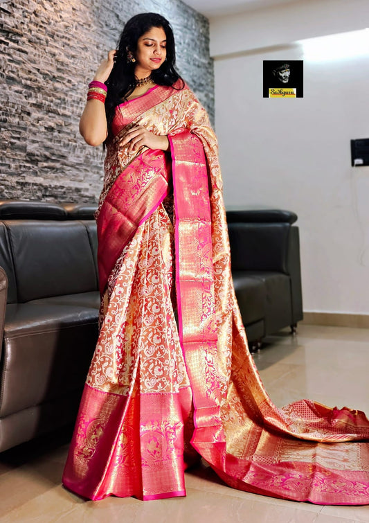 Bucolic Pink Kanjivaram Silk Saree With Elision Blouse Piece
