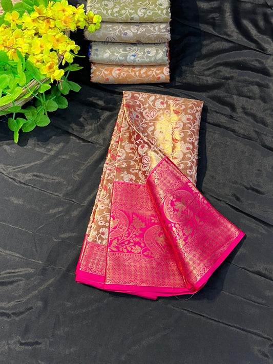 Bucolic Pink Kanjivaram Silk Saree With Elision Blouse Piece