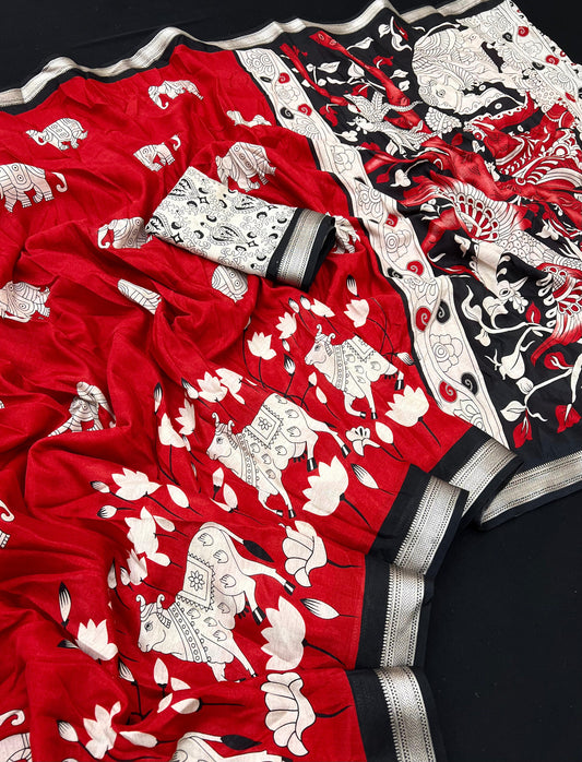 Glowing Red Kalamkari Cotton Saree With Refreshing Blouse Piece