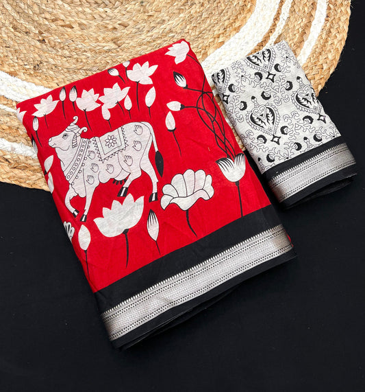 Glowing Red Kalamkari Cotton Saree With Refreshing Blouse Piece