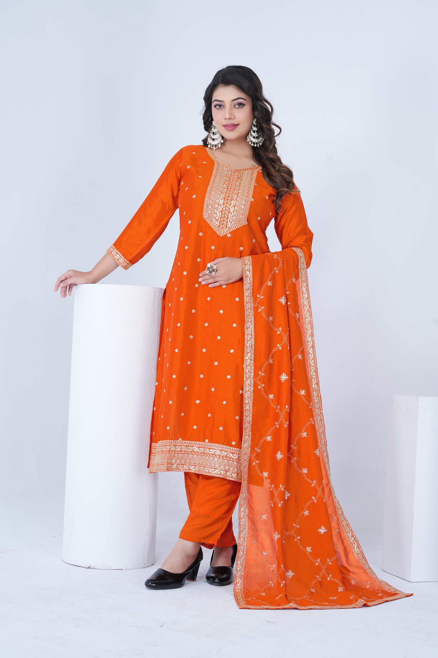 Elegant Orange Embroidered Silk Blend Salwar Suit Set with Dupatta