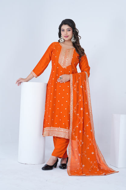 Elegant Orange Embroidered Silk Blend Salwar Suit Set with Dupatta