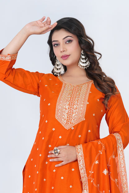 Elegant Orange Embroidered Silk Blend Salwar Suit Set with Dupatta