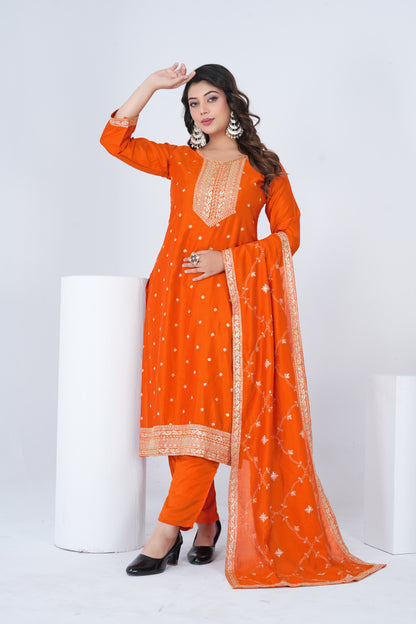 Elegant Orange Embroidered Silk Blend Salwar Suit Set with Dupatta