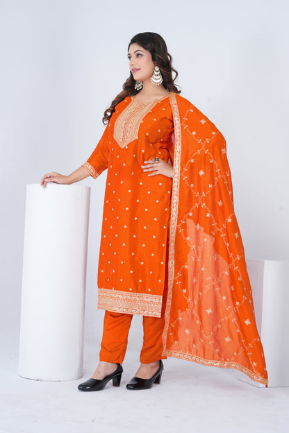 Elegant Orange Embroidered Silk Blend Salwar Suit Set with Dupatta