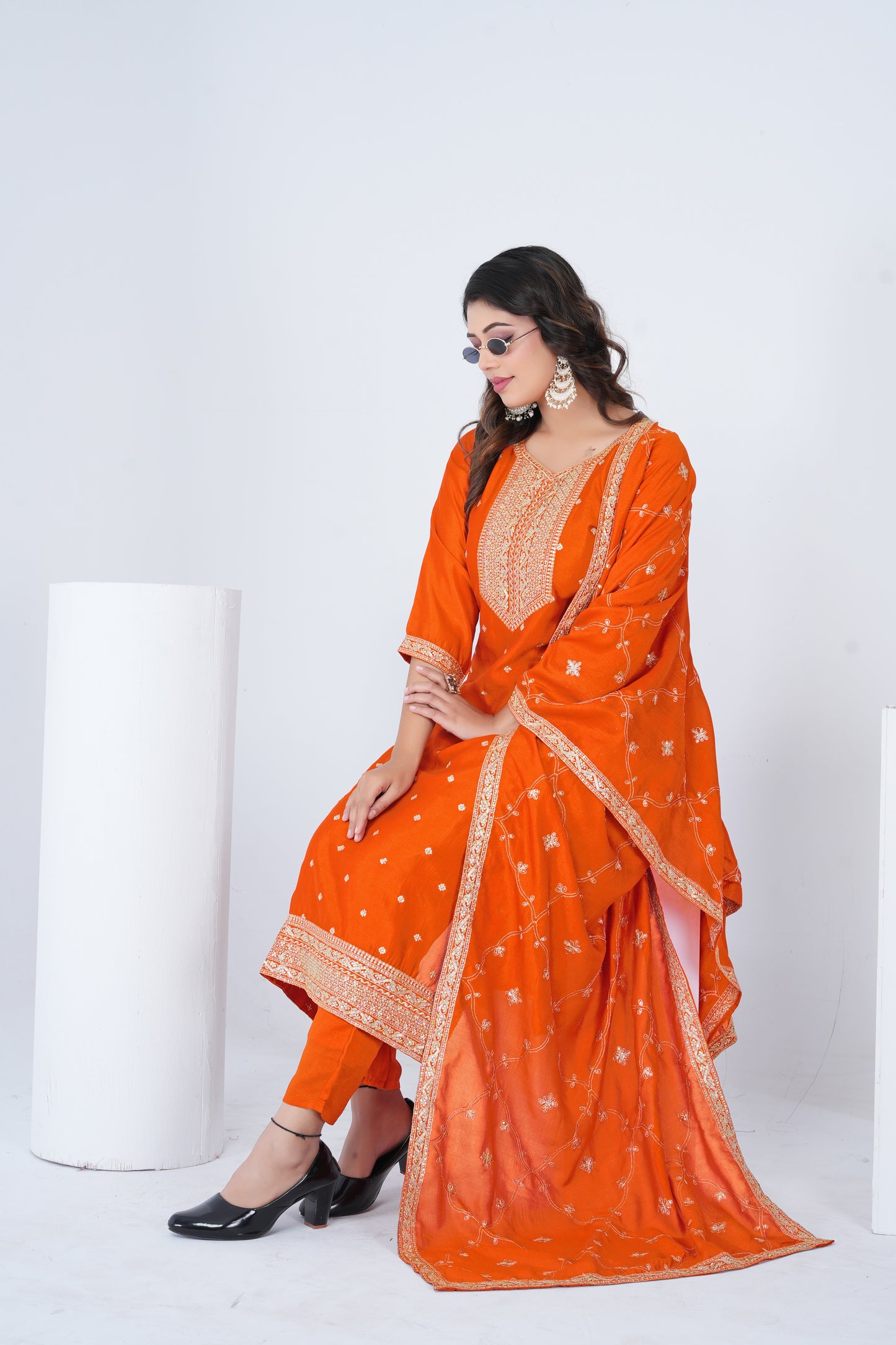 Elegant Orange Embroidered Silk Blend Salwar Suit Set with Dupatta