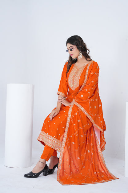 Elegant Orange Embroidered Silk Blend Salwar Suit Set with Dupatta