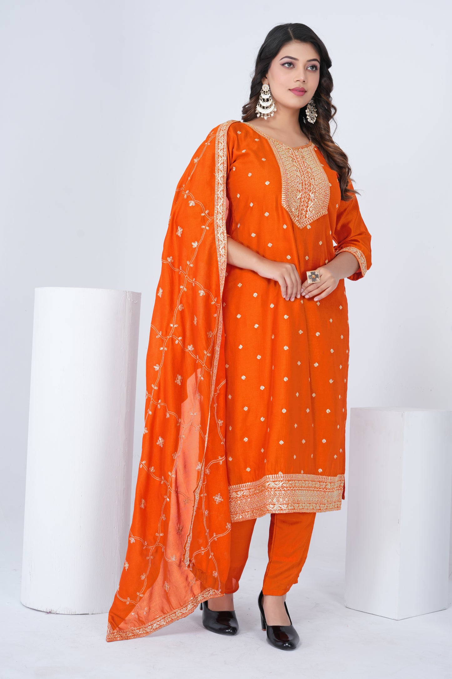 Elegant Orange Embroidered Silk Blend Salwar Suit Set with Dupatta
