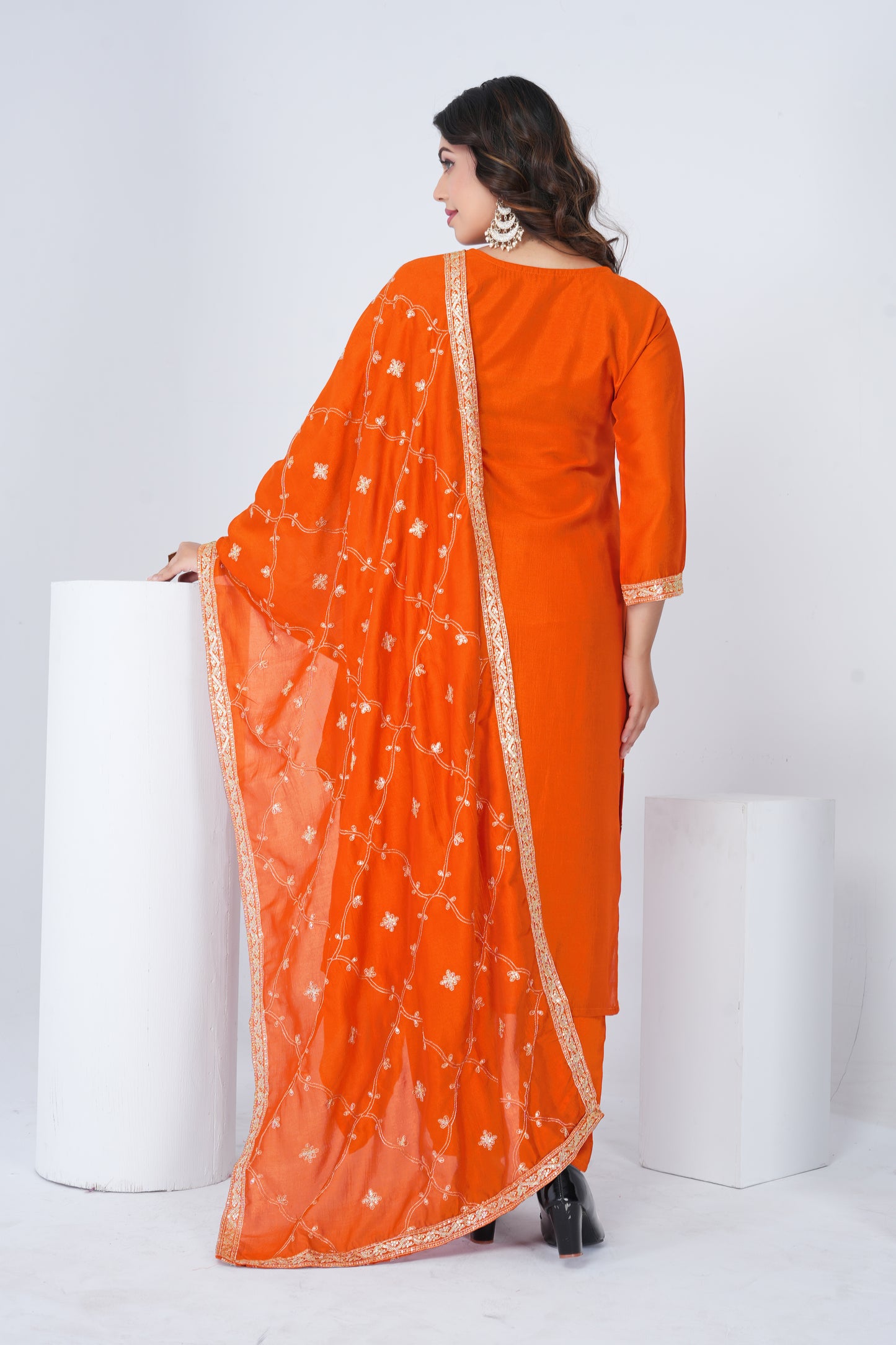Elegant Orange Embroidered Silk Blend Salwar Suit Set with Dupatta