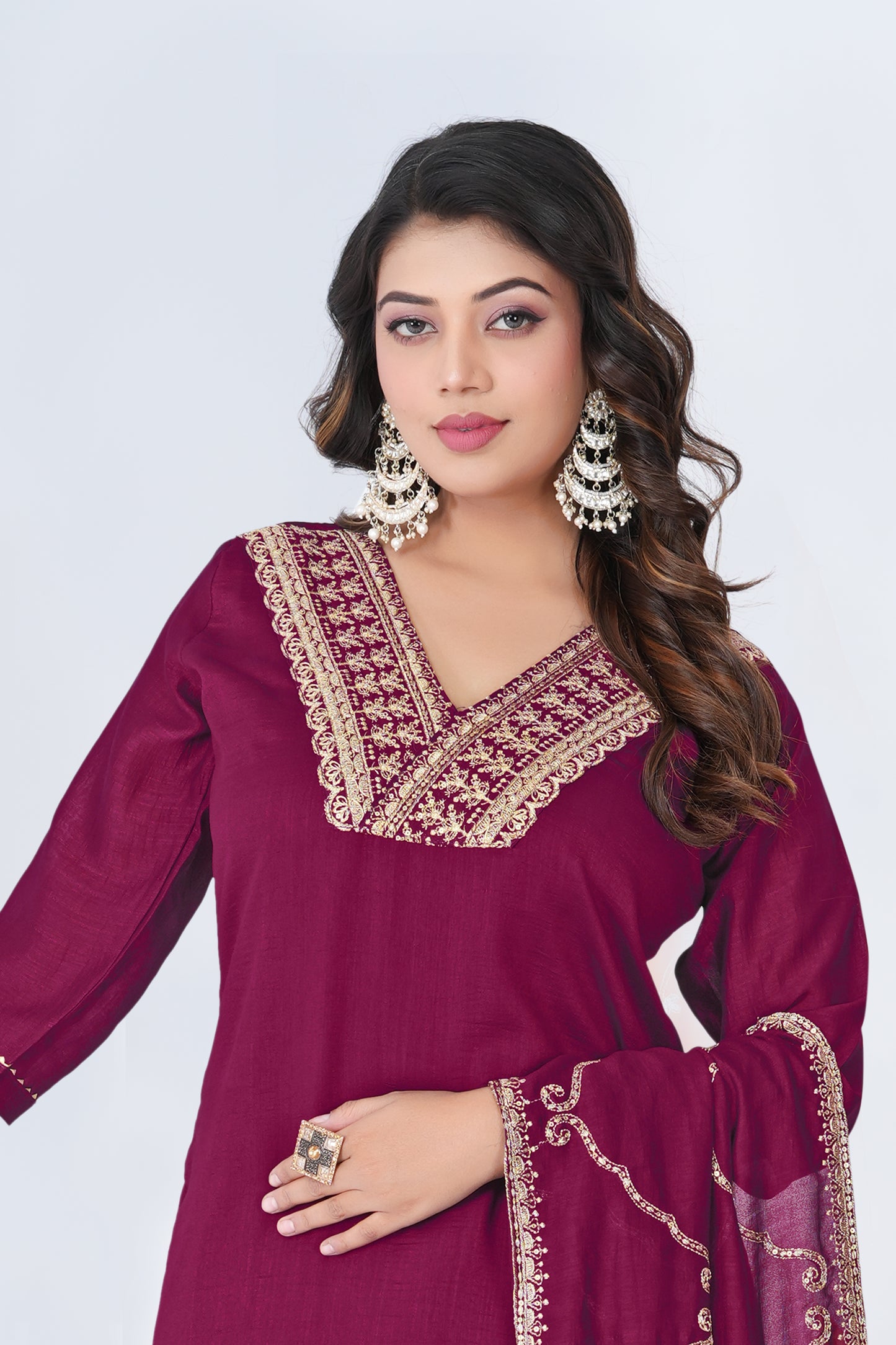 Stylish Wine Embroidered Silk Blend Salwar Suit Set with Dupatta