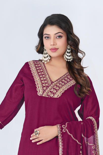 Stylish Wine Embroidered Silk Blend Salwar Suit Set with Dupatta