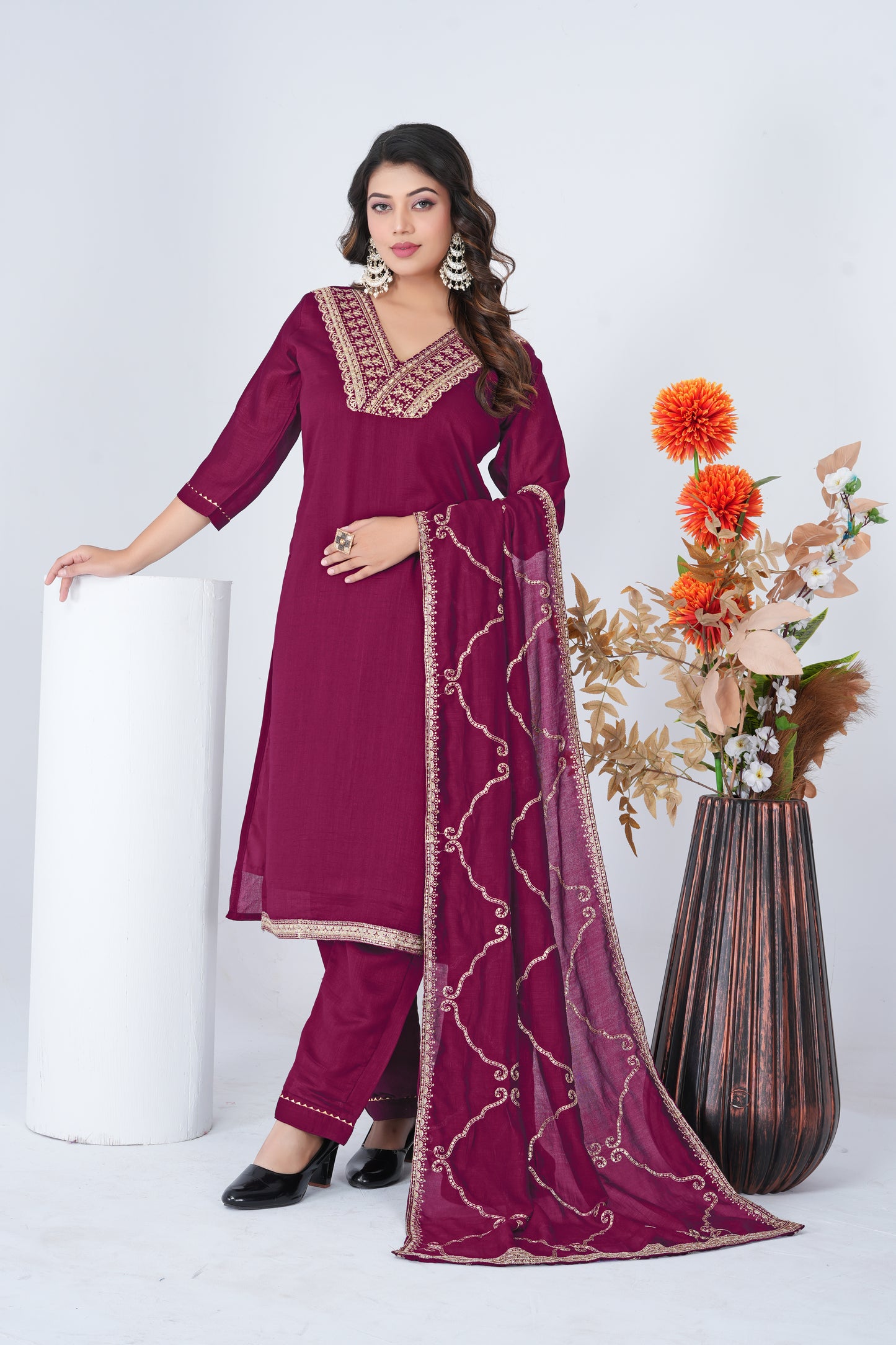 Stylish Wine Embroidered Silk Blend Salwar Suit Set with Dupatta