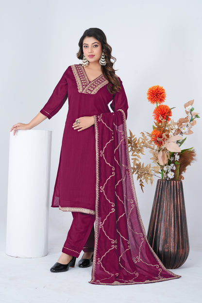 Stylish Wine Embroidered Silk Blend Salwar Suit Set with Dupatta