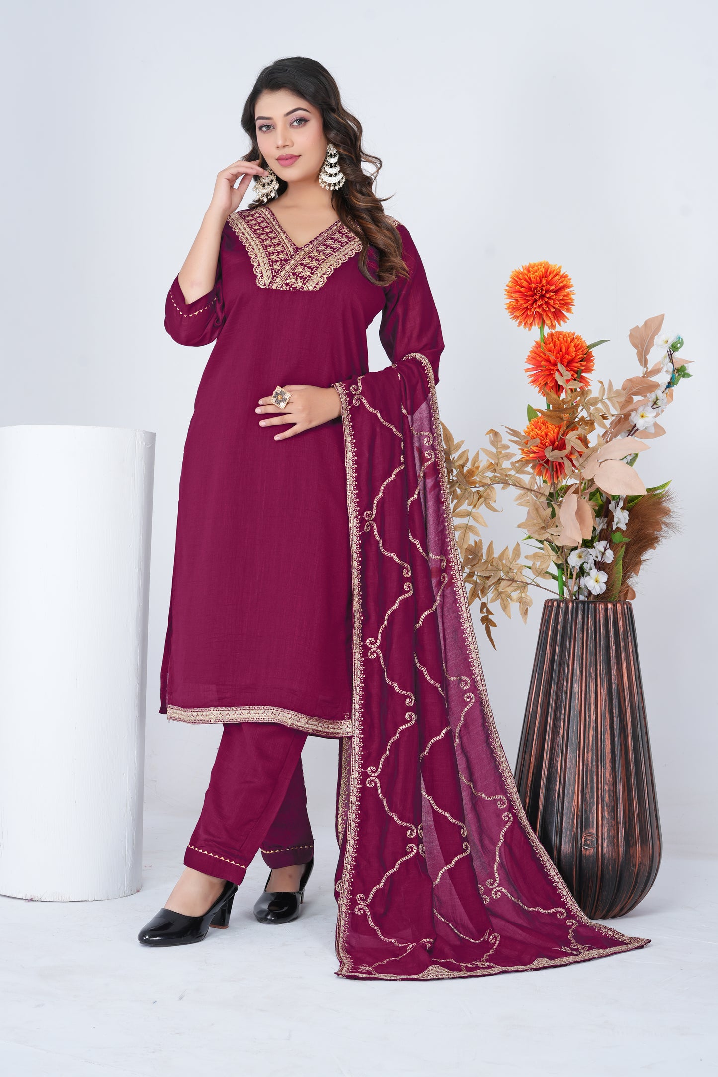 Stylish Wine Embroidered Silk Blend Salwar Suit Set with Dupatta