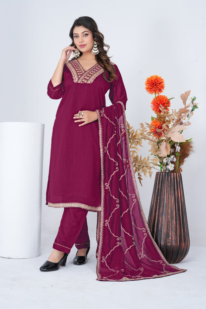 Stylish Wine Embroidered Silk Blend Salwar Suit Set with Dupatta