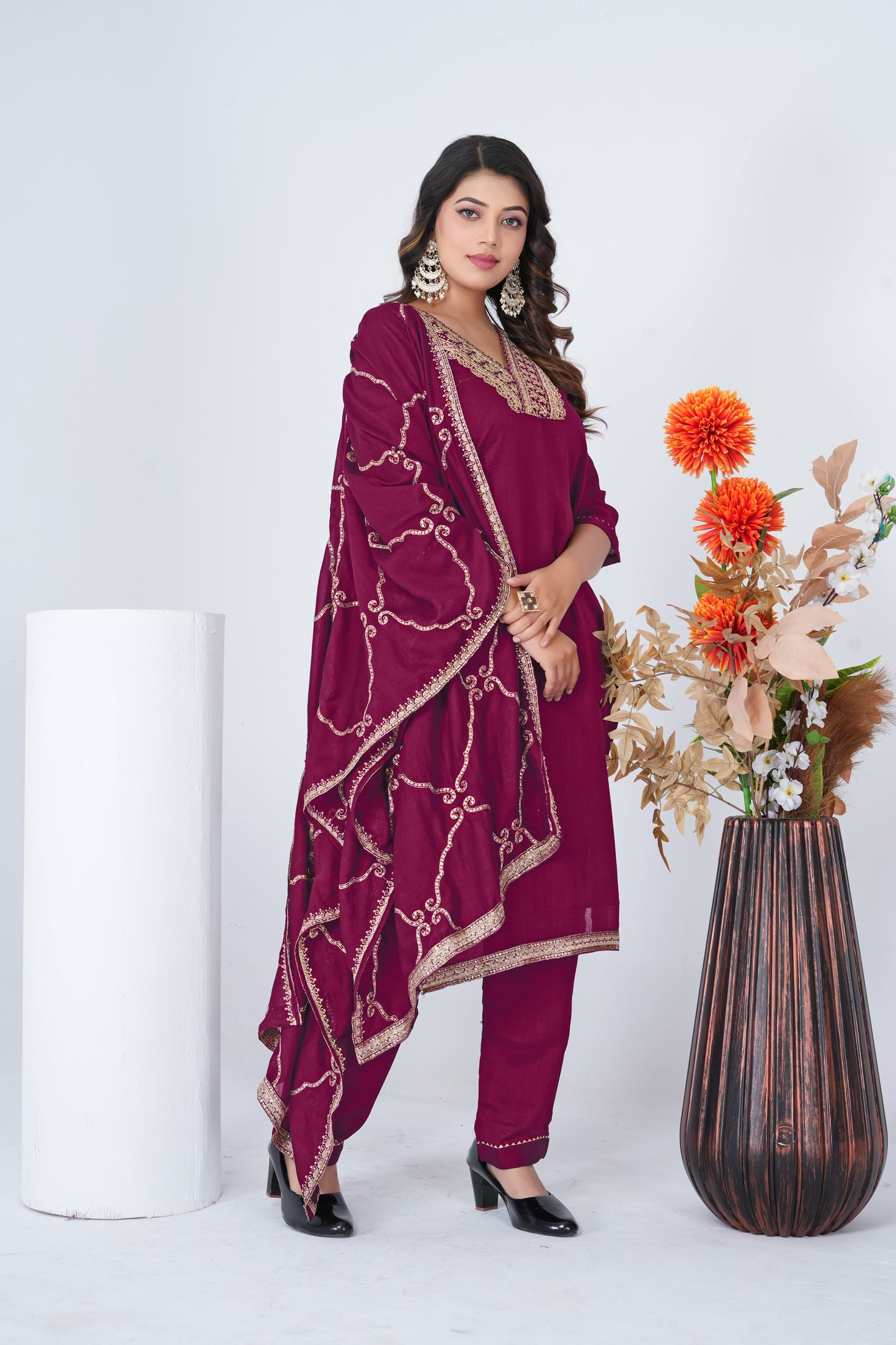 Stylish Wine Embroidered Silk Blend Salwar Suit Set with Dupatta