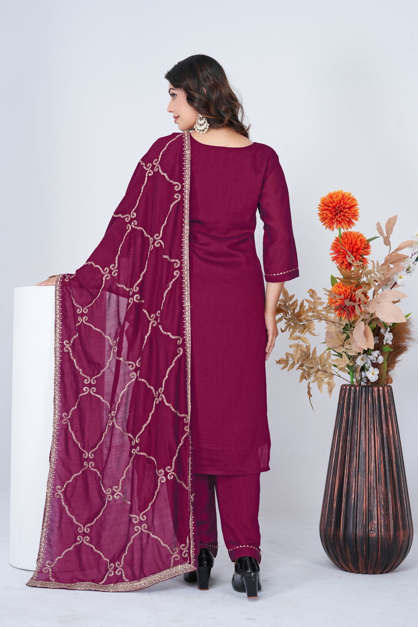 Stylish Wine Embroidered Silk Blend Salwar Suit Set with Dupatta