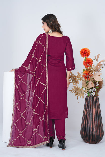 Stylish Wine Embroidered Silk Blend Salwar Suit Set with Dupatta