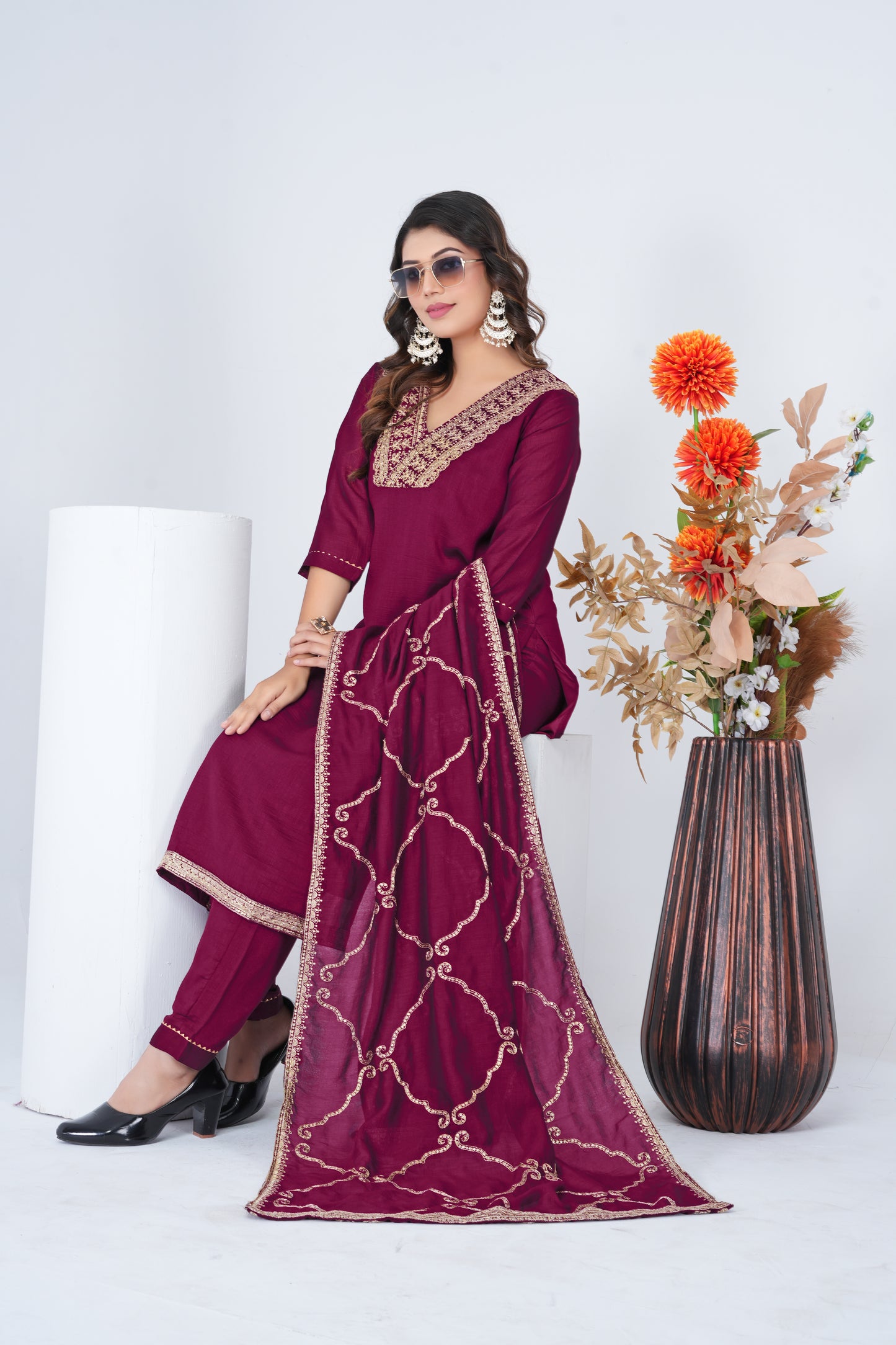 Stylish Wine Embroidered Silk Blend Salwar Suit Set with Dupatta