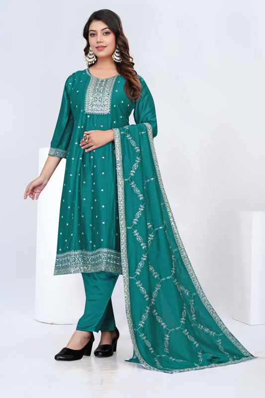 Teal Green Anarkali Style Embroidered Salwar Suit Set