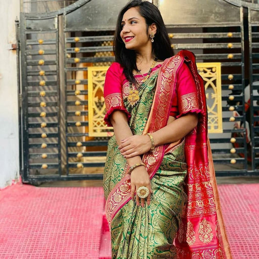 Surpassing Dark Green Soft Silk Saree With Dazzling Blouse Piece