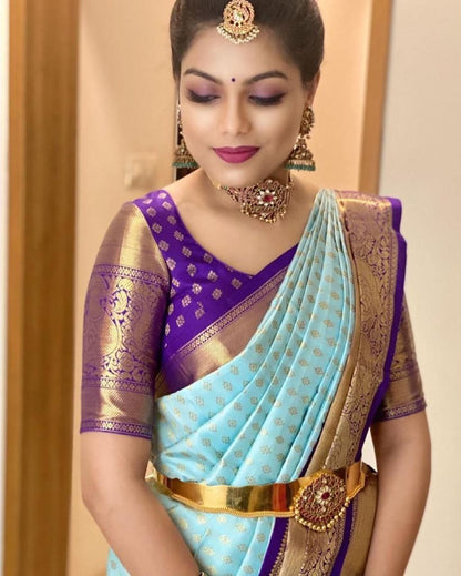 Staggering Firozi Soft Banarasi Silk Saree With Prominent Blouse Piece