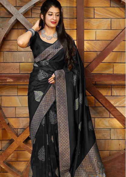 Transcendent Black  Soft Silk Saree With Supernal Blouse Piece