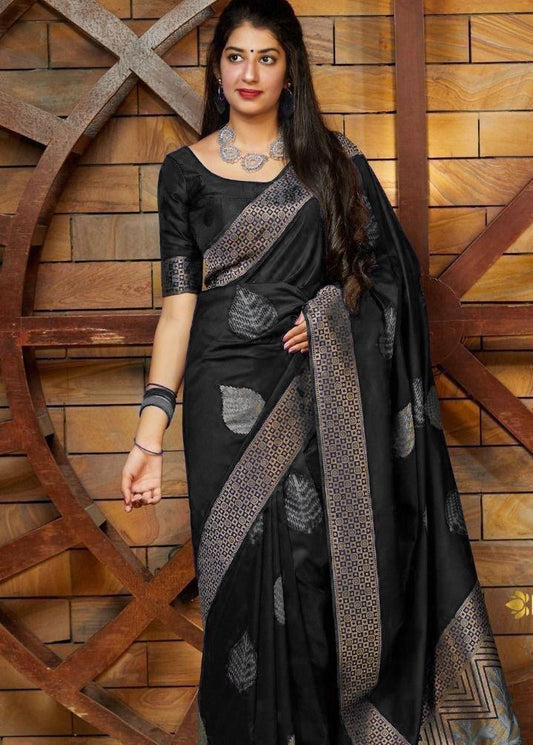 Transcendent Black  Soft Silk Saree With Supernal Blouse Piece