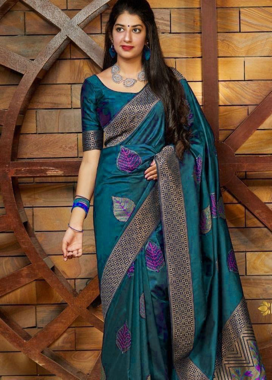 Transcendent Firozi  Soft Silk Saree With Supernal Blouse Piece