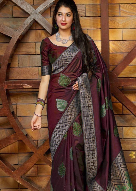 Transcendent Wine  Soft Silk Saree With Supernal Blouse Piece