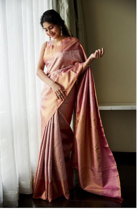 Captivating Peach Soft Silk Saree With Propinquity Blouse Piece