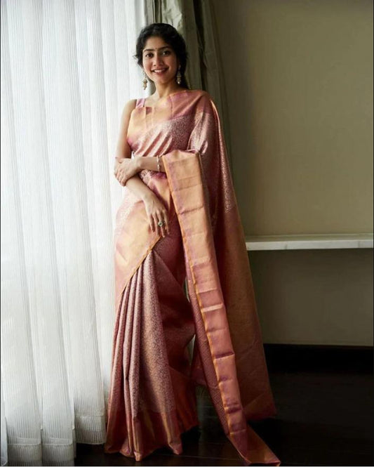 Captivating Peach Soft Silk Saree With Propinquity Blouse Piece