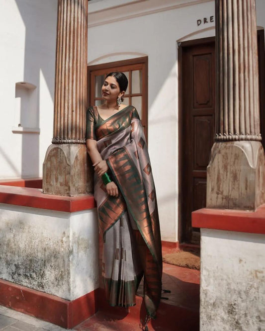 Unequalled Grey Banarasi Silk Saree With Most Traditional Blouse Piece