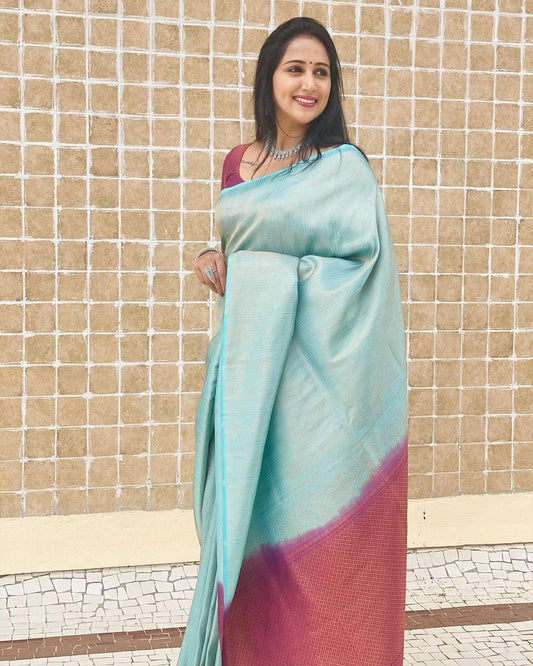 Woebegone Firozi Soft Banarasi Silk Saree With Amiable Blouse Piece
