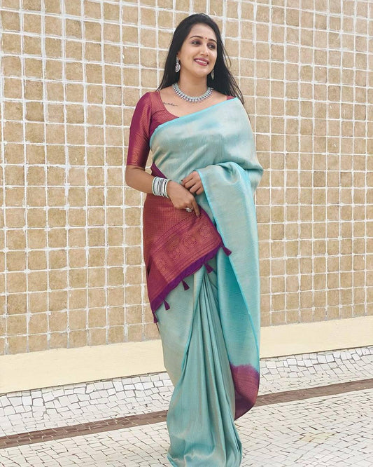 Woebegone Firozi Soft Banarasi Silk Saree With Amiable Blouse Piece