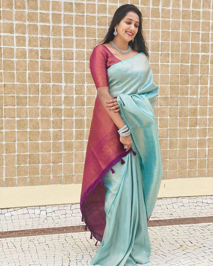 Woebegone Firozi Soft Banarasi Silk Saree With Amiable Blouse Piece