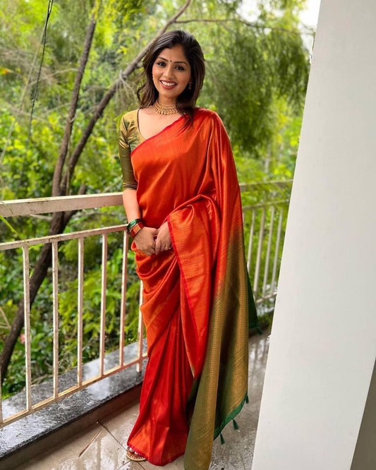 Deserving Orange Soft Banarasi Silk Saree With Beauteous Blouse Piece