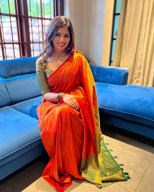 Deserving Orange Soft Banarasi Silk Saree With Beauteous Blouse Piece