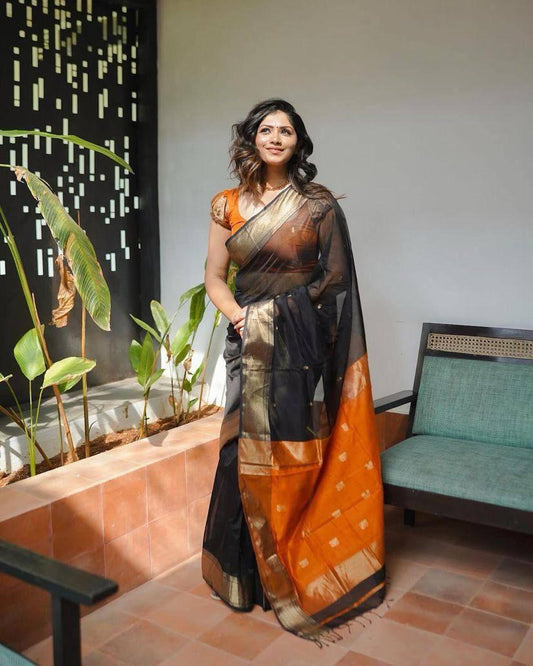 Flamboyant Black Cotton Silk Saree With Staring Blouse Piece