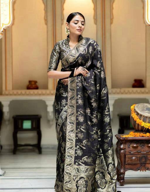 Flameboyant Black Soft Silk Saree With Magnificat Blouse Piece
