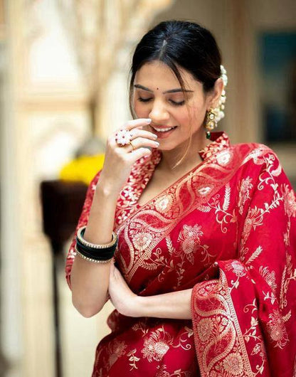 Eloquence Red Soft Silk Saree With A glam Blouse Piece