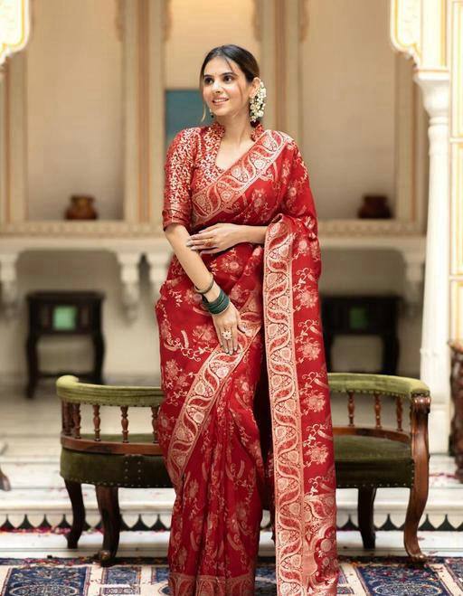 Eloquence Red Soft Silk Saree With A glam Blouse Piece