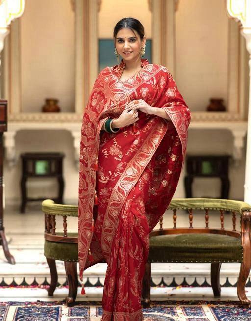 Eloquence Red Soft Silk Saree With A glam Blouse Piece
