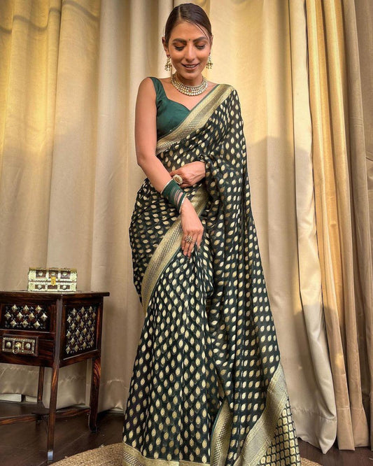 Conflate Dark Green Soft Banarasi Silk Saree With Propinquity Blouse