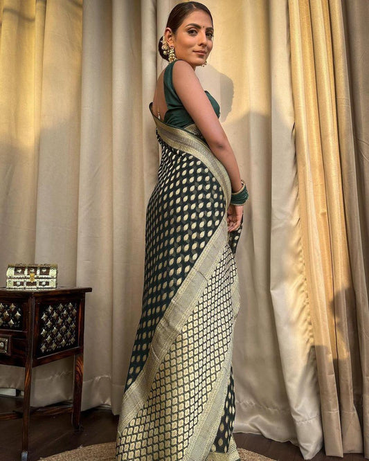 Conflate Dark Green Soft Banarasi Silk Saree With Propinquity Blouse