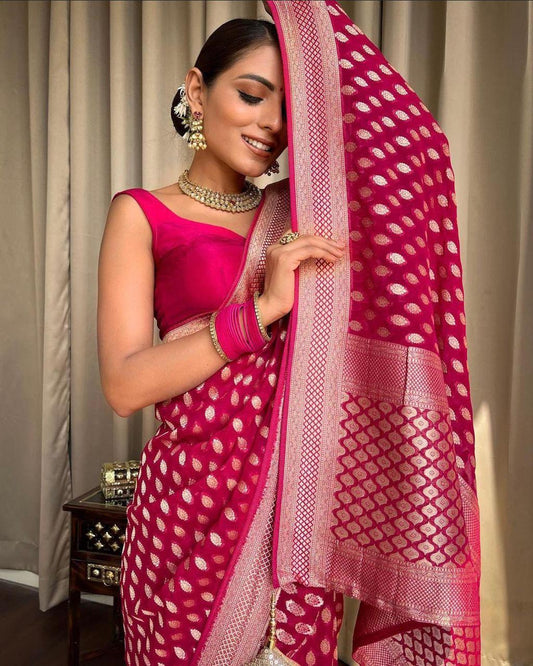 Chatoyant Dark Pink Soft Banarasi Silk Saree With Petrichor Blouse