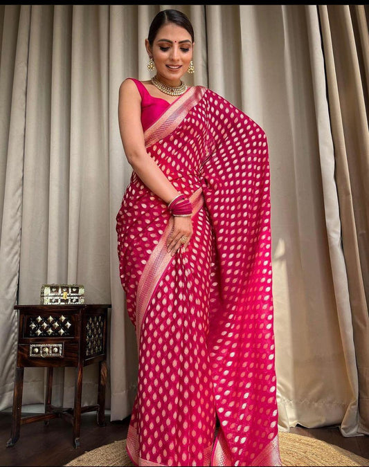 Chatoyant Dark Pink Soft Banarasi Silk Saree With Petrichor Blouse