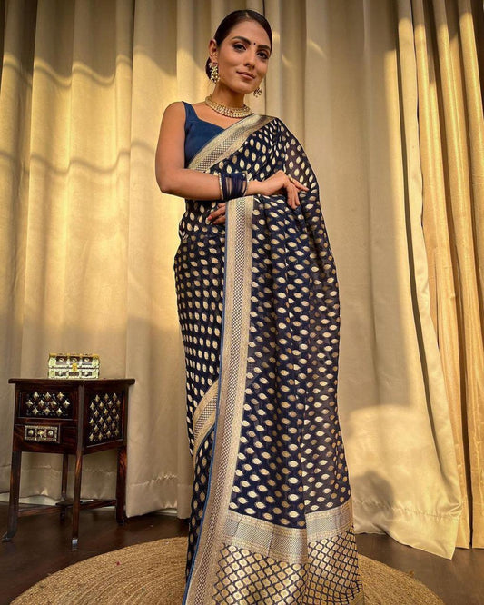 Bucolic Navy Blue Soft Banarasi Silk Saree With Panoply Blouse